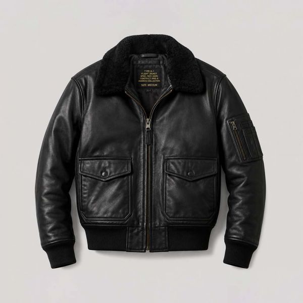 Black Leather G1 Bomber Jacket with Shearling Collar and Utility Pocket Manufacturers, Suppliers in Paris