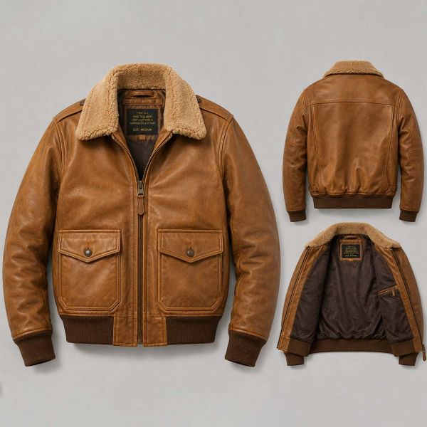 Brown Leather G1 Bomber Jacket with Shearling Collar Aviator Coat Manufacturers, Suppliers in Paris