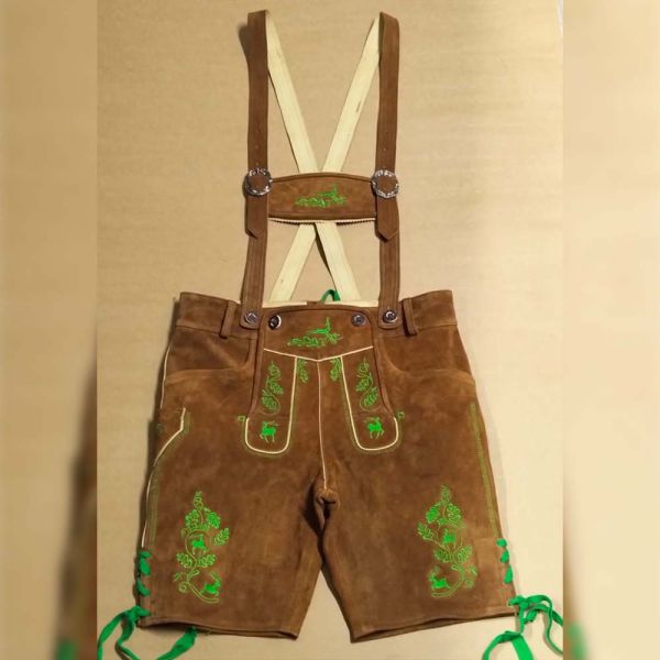 Brown Suede Lederhosen Green Embroidered Bavarian Shorts Suspenders Manufacturers, Suppliers in Bucharest
