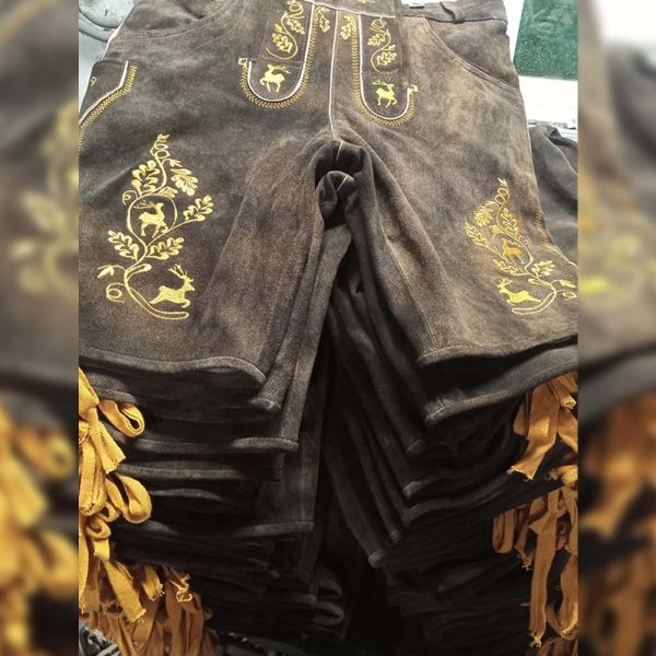 Dark Brown Suede Lederhosen Gold Deer Embroidered Bavarian Shorts Manufacturers, Suppliers in Bucharest