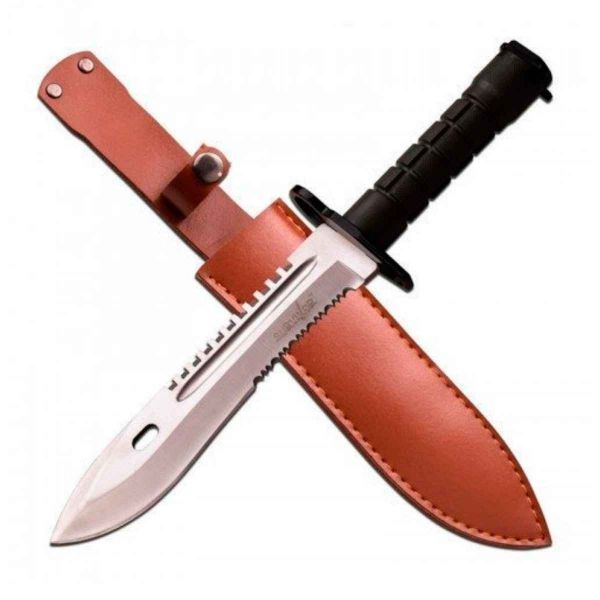 Leather Sheath Fixed Blade Survival Knife Stainless Steel Partially Serrated Blade Black Brown Leather Sheath Manufacturers, Suppliers in New Zealand
