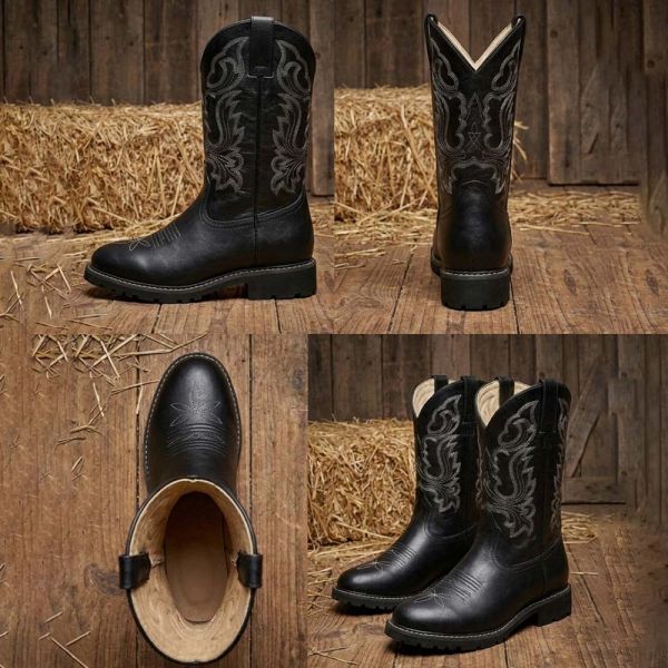Men Black Leather Cowboy Boots Embroidered Western Work Boots Rubber Sole Manufacturers, Suppliers in Nice