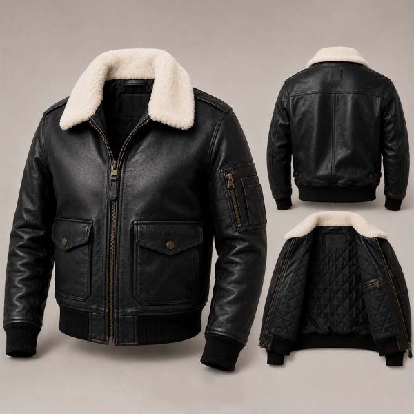 Men Black Leather G1 Flight Jacket Cream Shearling Fur Collar Coat Manufacturers, Suppliers in Paris