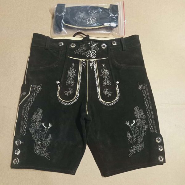 Men Black Suede Leather Lederhosen White Floral Stag Embroidery Short Manufacturers, Suppliers in Bucharest