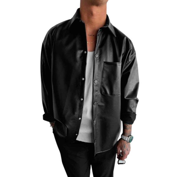 Oversized Full Sleeve Leather Shirt Black Glossy Finish Modern Casual Style Manufacturers, Suppliers in Sialkot