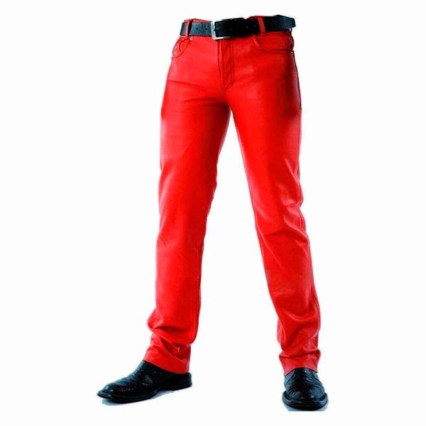 Red Leather Slim Fit Trousers for Men Plain Pattern Stylish Design Manufacturers, Suppliers in Sialkot