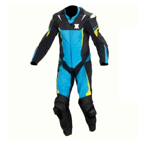 Sky Blue and Black CE Approved Leather Motorbike Suit Manufacturers, Suppliers in Sialkot