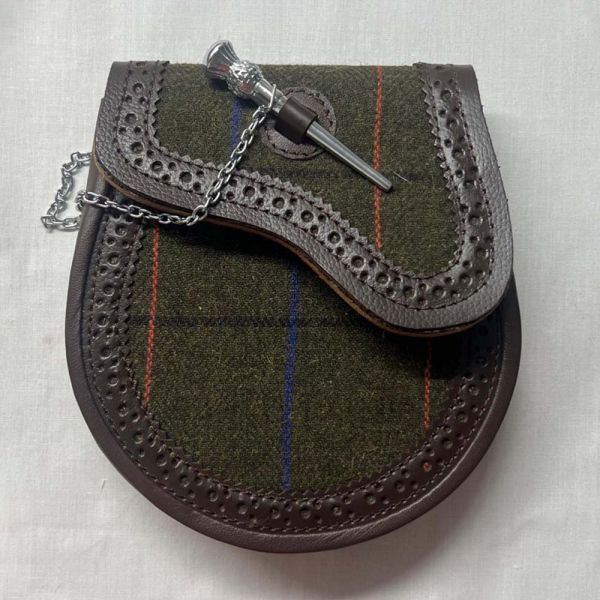 Tweed Scottish Day Sporran with Silver Thistle Pin Dark Brown Leather Kilt Pouch Manufacturers, Suppliers in David