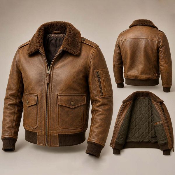 Vintage Brown Leather G1 Bomber Jacket Shearling Collar Flight Coat Manufacturers, Suppliers in Paris